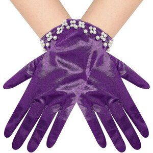 Women's Purple Satin Pearl Short Length Wrist Gloves Wedding Banquet Party Prom